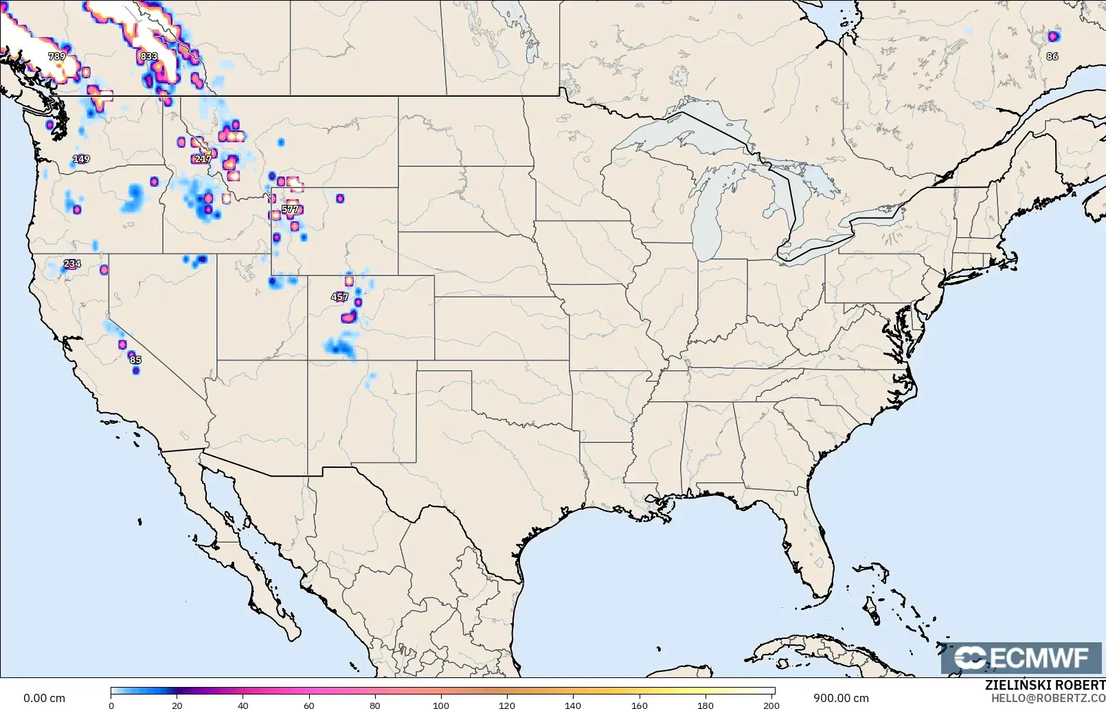 ECMWF IFS 0.25° modelo - Estados Unidos, Profundidad de nieve