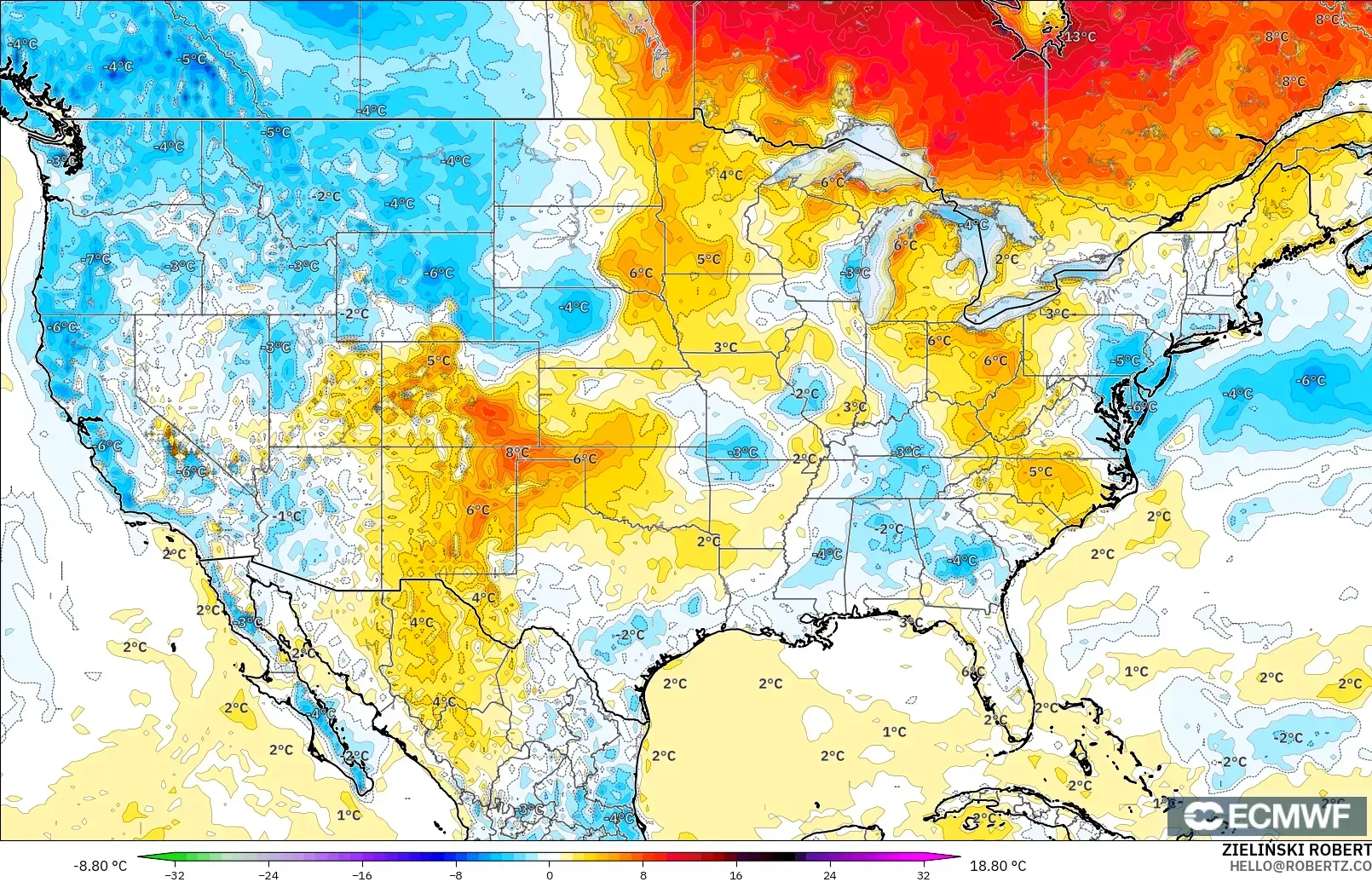 ECMWF IFS 0.25° modelo - Estados Unidos, Anomalía de temperatura a 2 m