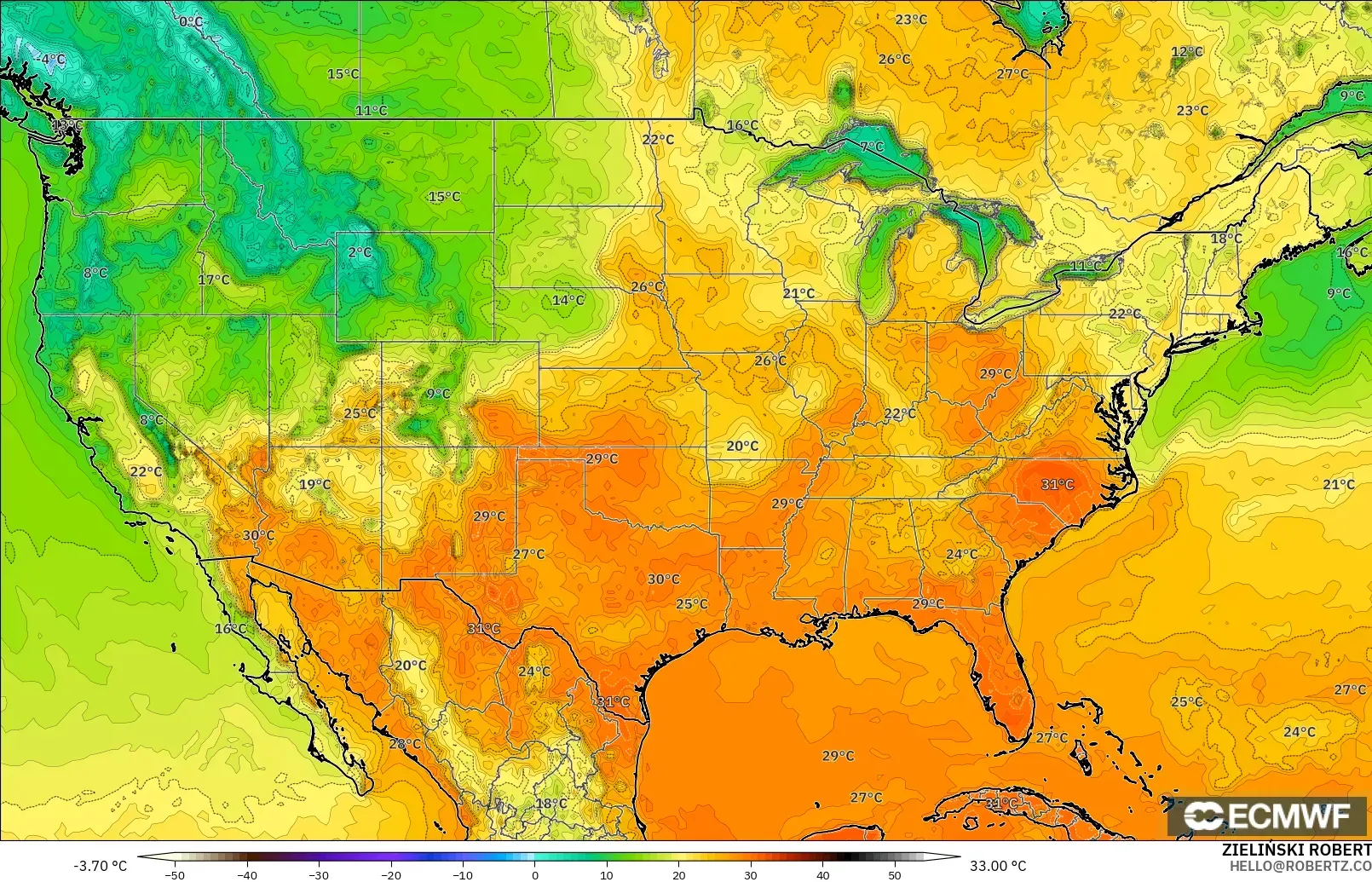 ECMWF IFS 0.25° modelo - Estados Unidos, Temperatura a 2 m
