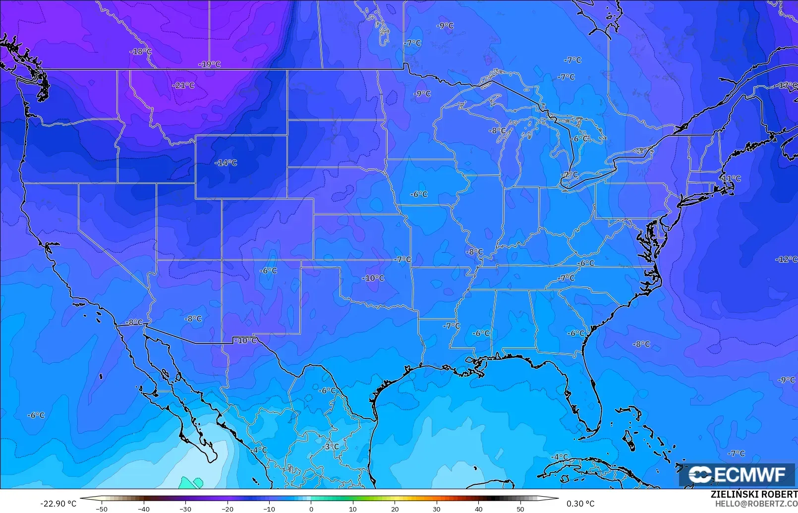 ECMWF IFS 0.25° modelo - Estados Unidos, Temperatura a 500 hPa