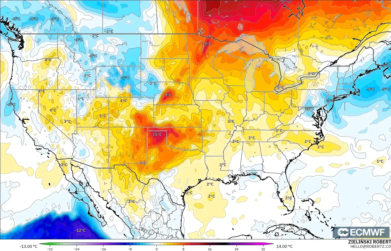 ECMWF IFS 0.25° modelo - Estados Unidos, Anomalía de temperatura a 850 hPa