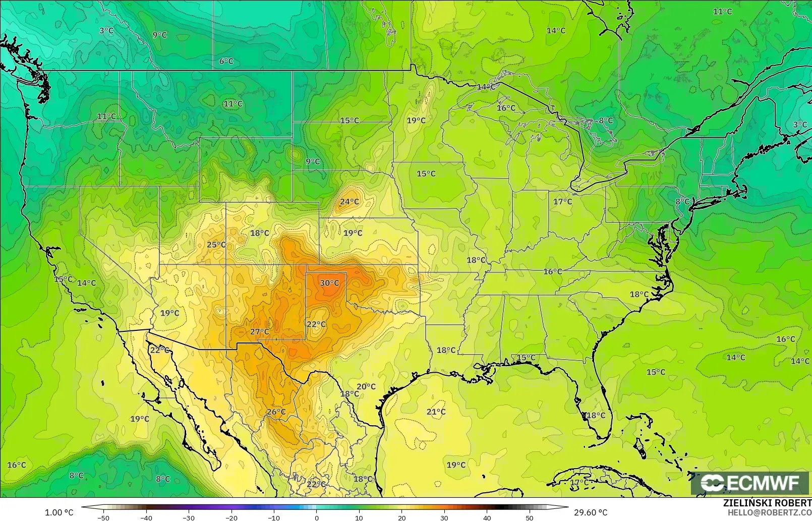 ECMWF IFS 0.25° modelo - Estados Unidos, Temperatura a 850 hPa