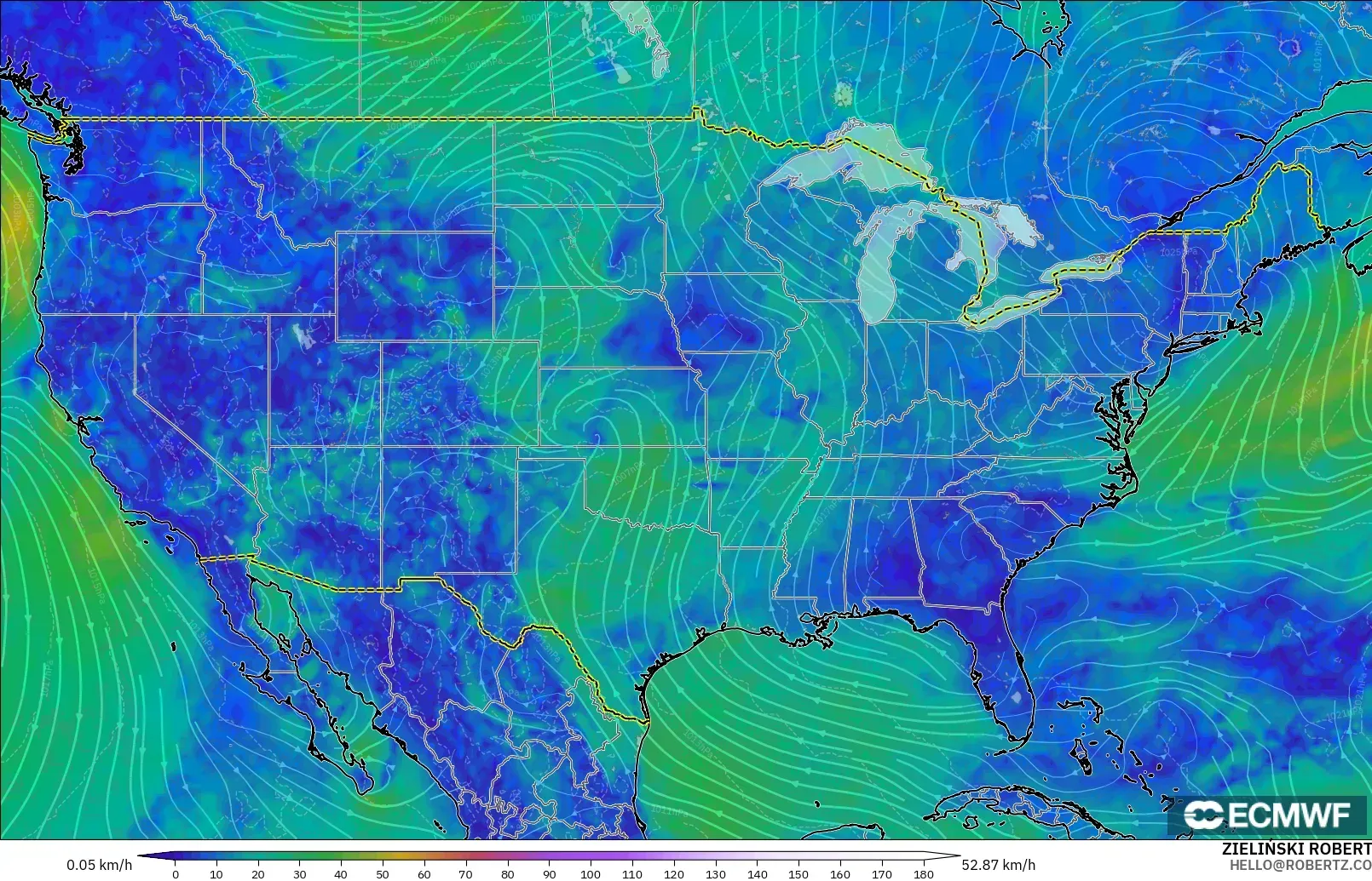 ECMWF IFS 0.25° modelo - Estados Unidos, Viento a 10 m