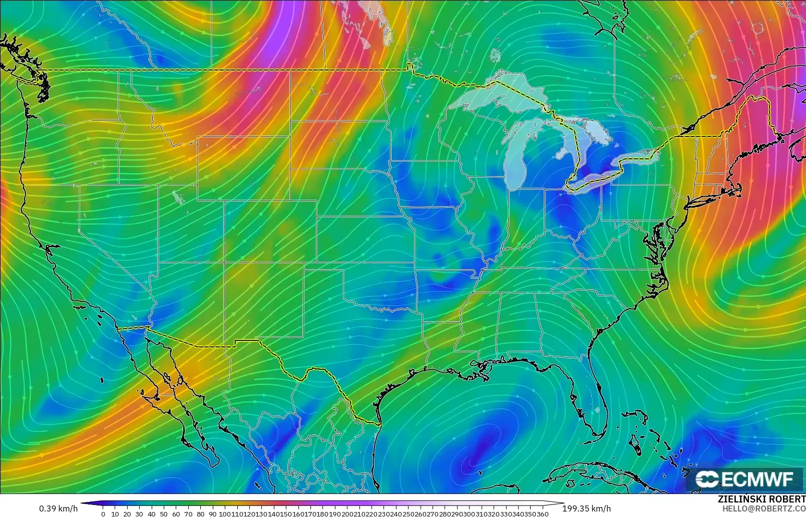 ECMWF IFS 0.25° modelo - Estados Unidos, Viento a 300 hPa (corriente en chorro)