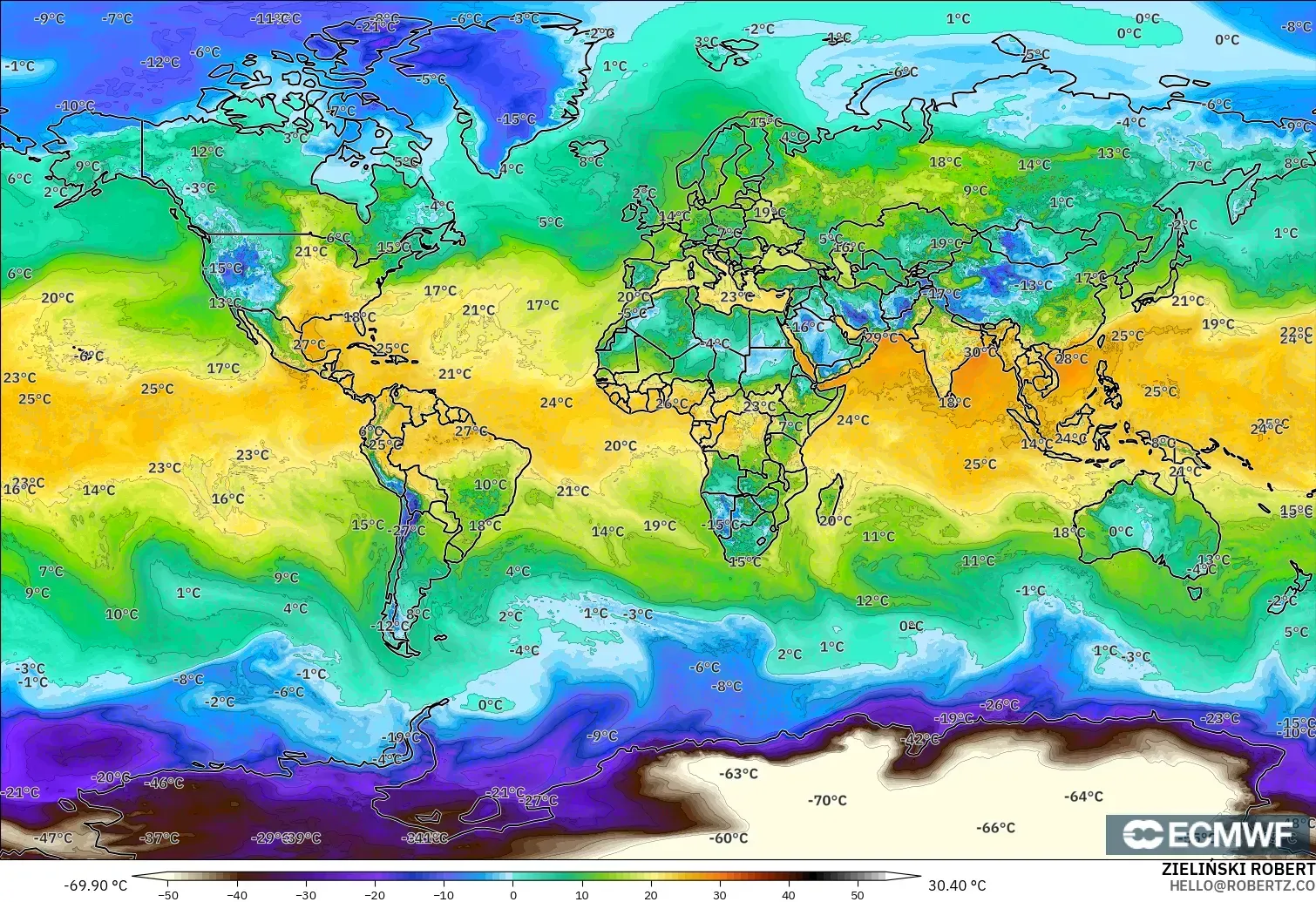 ECMWF IFS 0.25° modelo - Mundo, Punto de rocío a 2 m