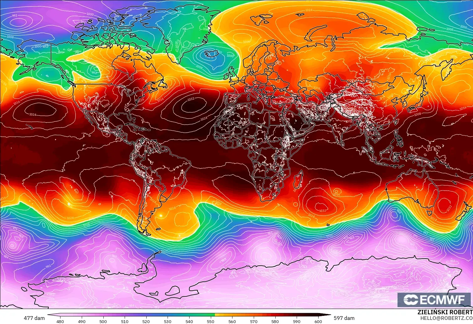 ECMWF IFS 0.25° modelo - Mundo, Altura geopotencial a 500 hPa