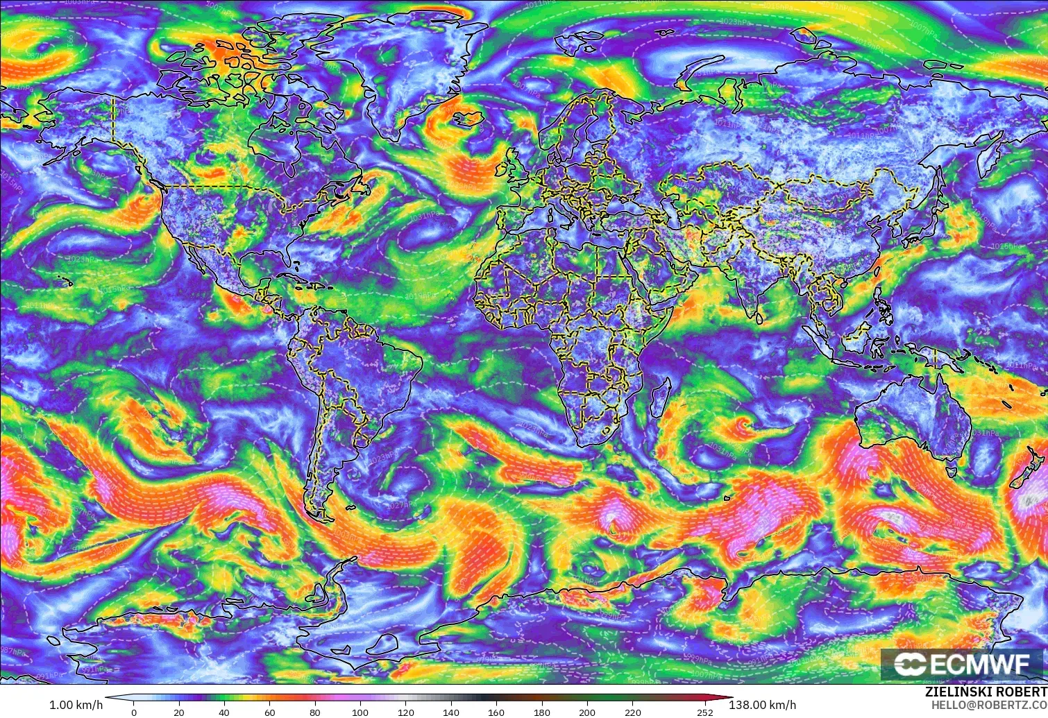 ECMWF IFS 0.25° modelo - Mundo, Ráfagas de Viento Máximas