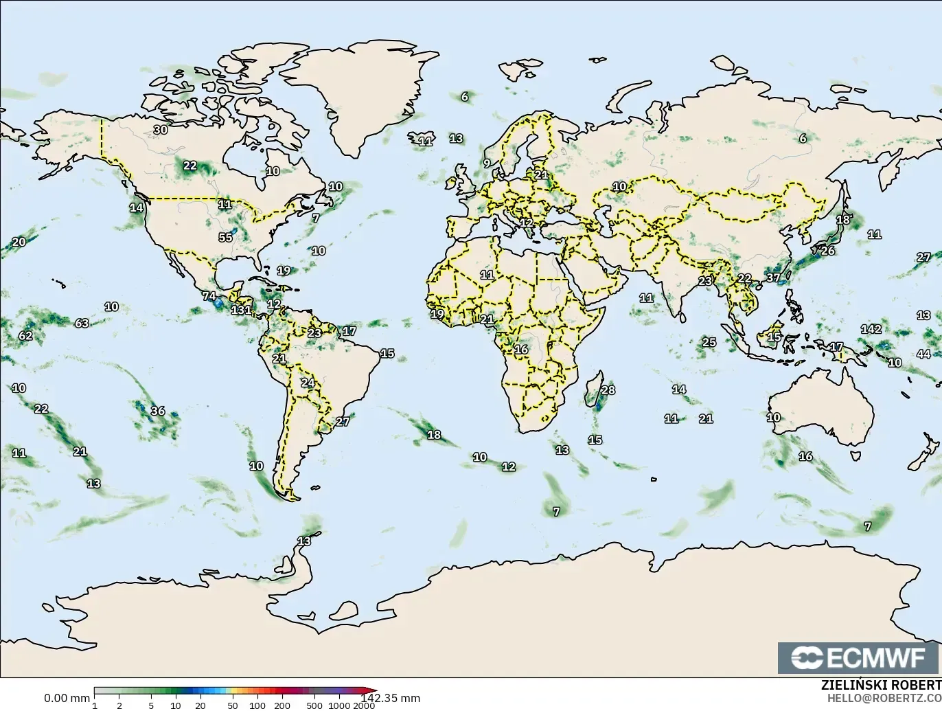 ECMWF IFS 0.25° modelo - Mundo, Acumulación de precipitación
