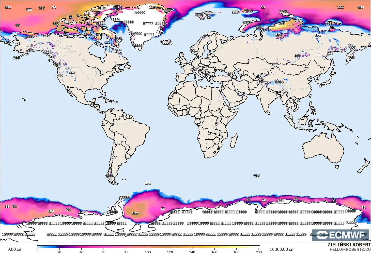 ECMWF IFS 0.25° modelo - Mundo, Profundidad de nieve