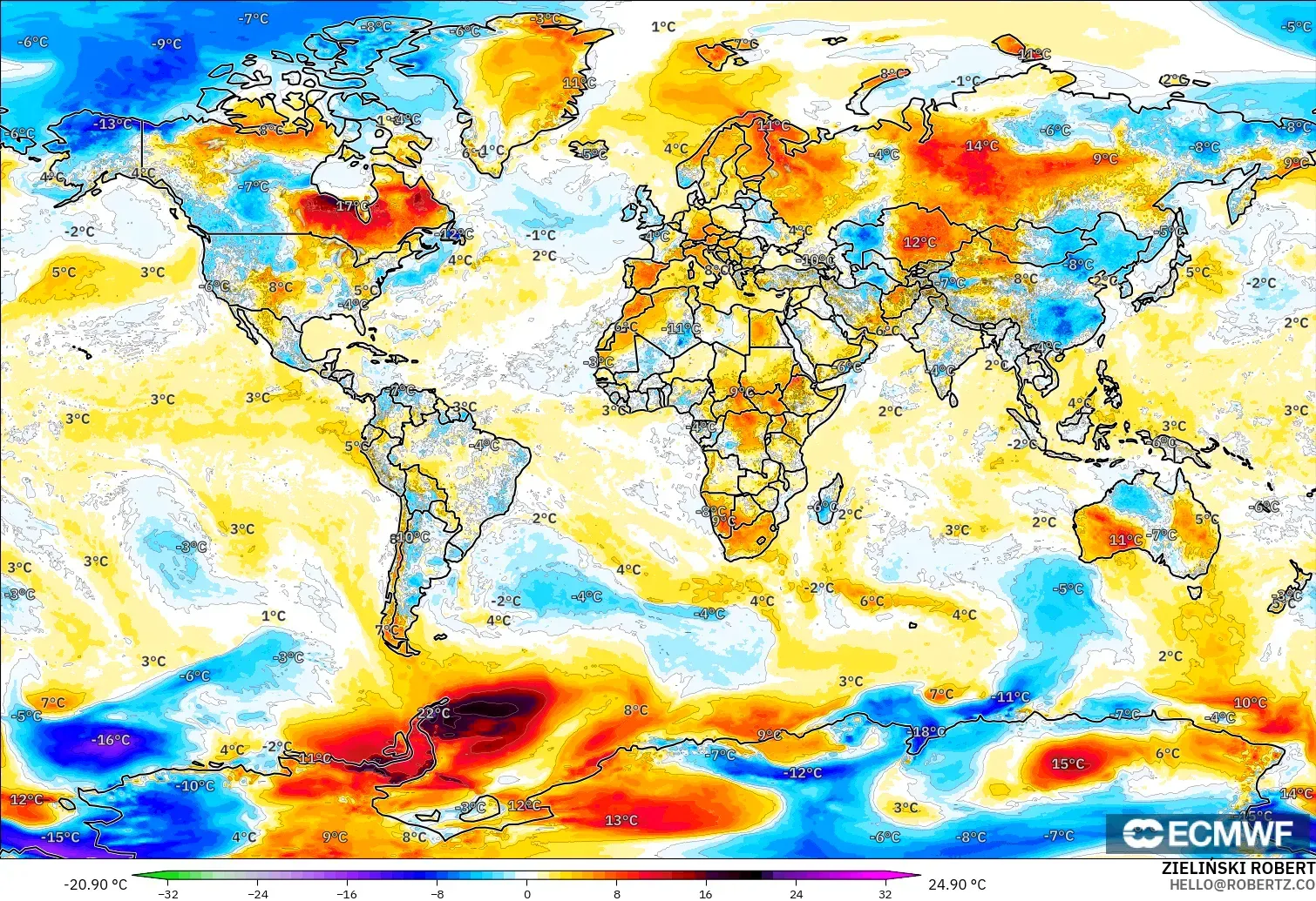 ECMWF IFS 0.25° modelo - Mundo, Anomalía de temperatura a 2 m