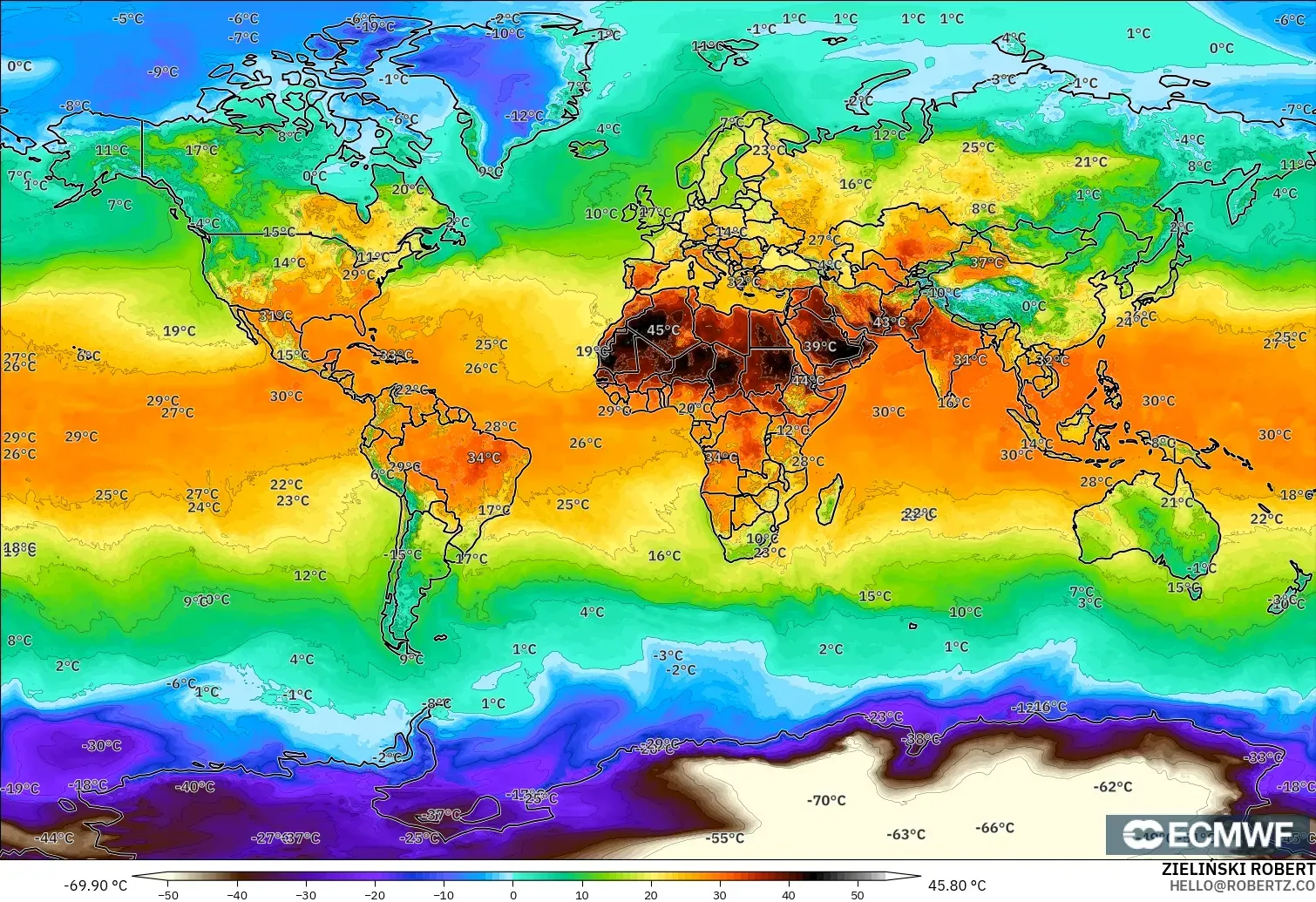 ECMWF IFS 0.25° modelo - Mundo, Temperatura a 2 m