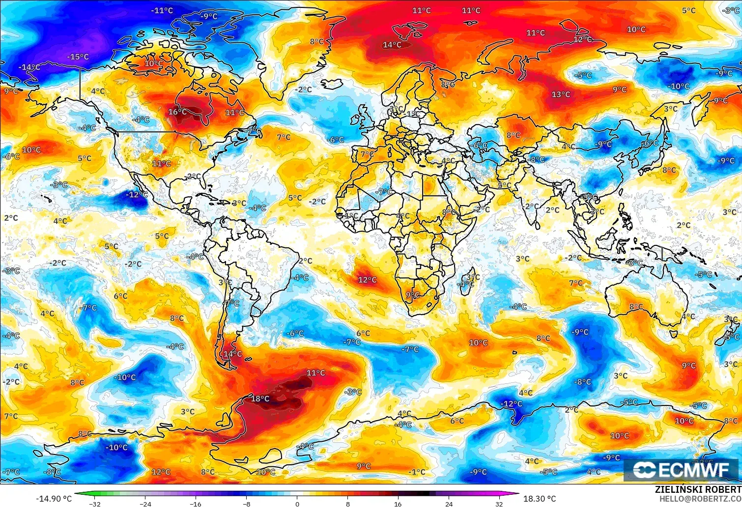 ECMWF IFS 0.25° modelo - Mundo, Anomalía de temperatura a 850 hPa