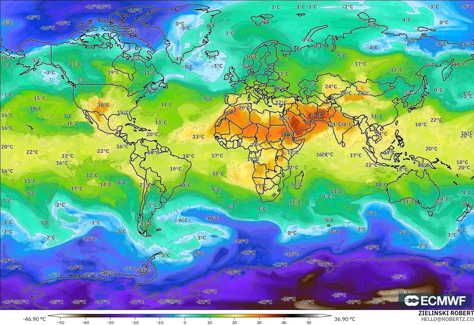 ECMWF IFS 0.25° modelo - Mundo, Temperatura a 850 hPa