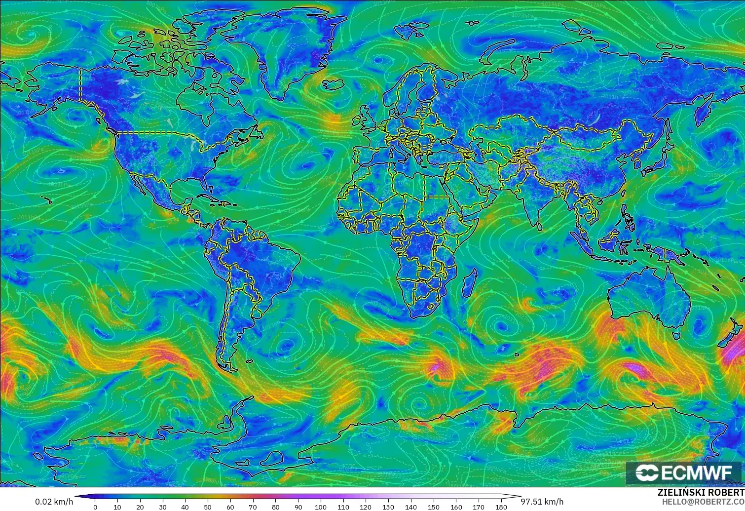 ECMWF IFS 0.25° modelo - Mundo, Viento a 10 m
