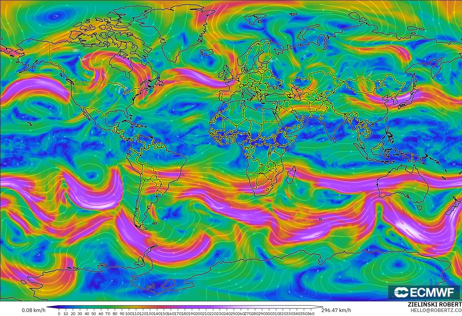 ECMWF IFS 0.25° modelo - Mundo, Viento a 300 hPa (corriente en chorro)