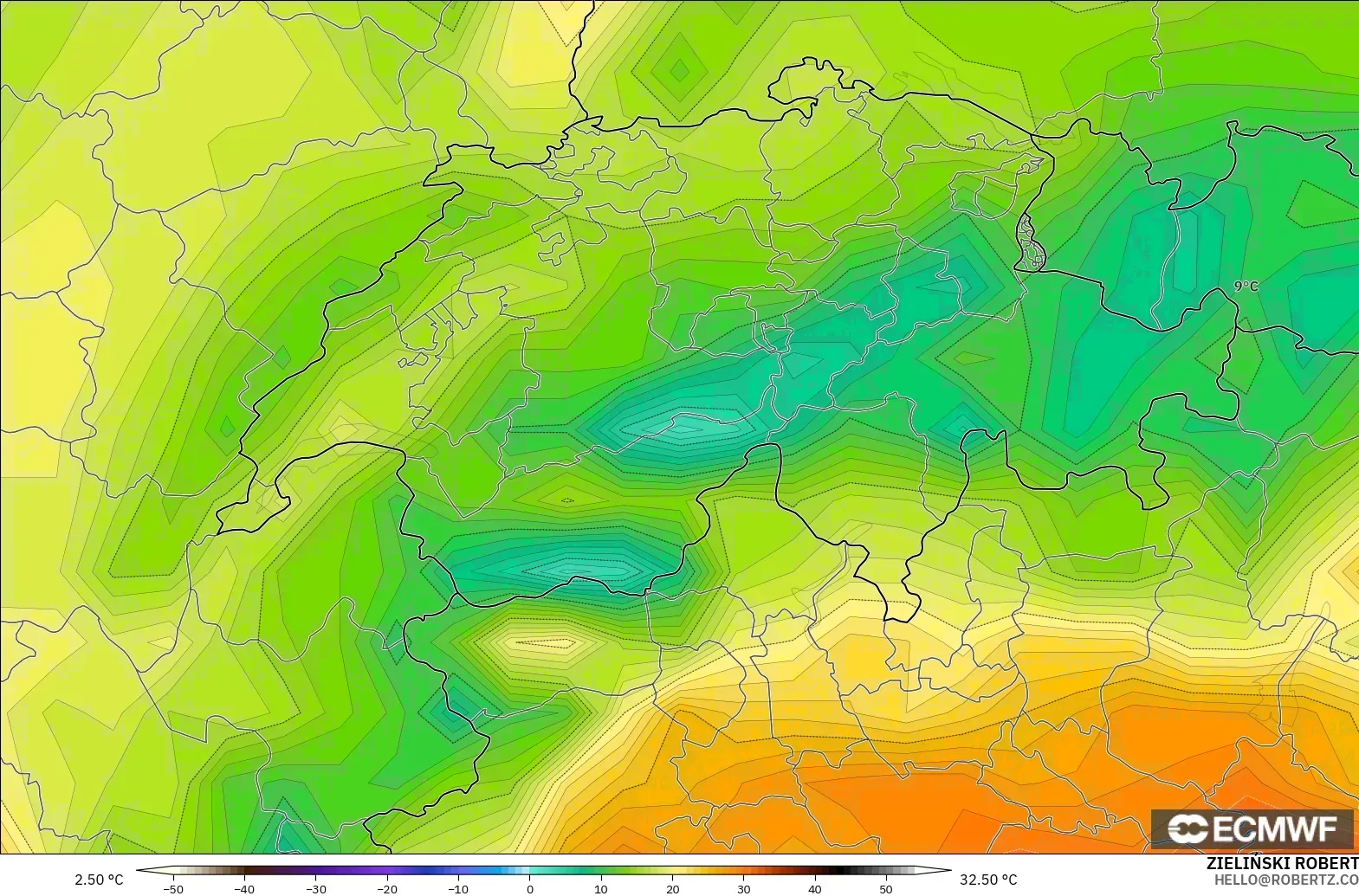ECMWF IFS 0.25° modelo - Suiza, Temperatura a 2 m