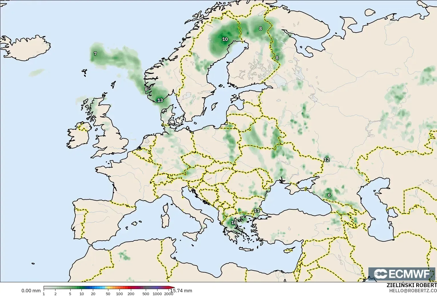 ECMWF IFS 0.25° modelo - Europa, Acumulación de precipitación