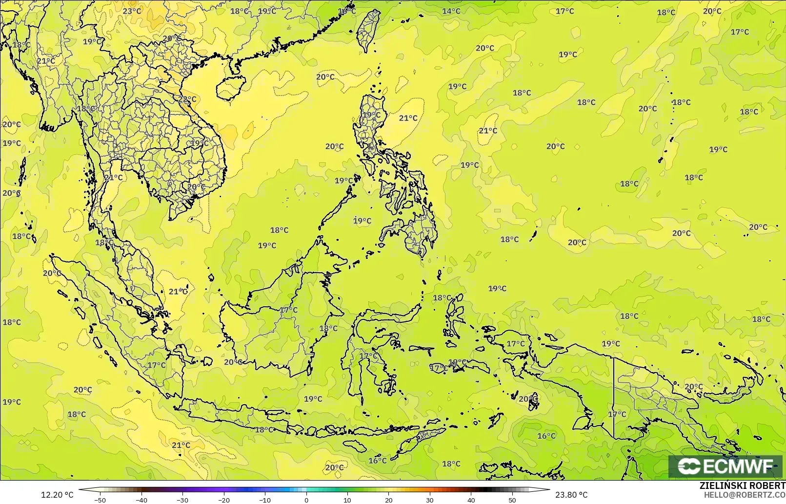 ECMWF IFS 0.25° modelo - Sudeste Asiático, Temperatura a 850 hPa