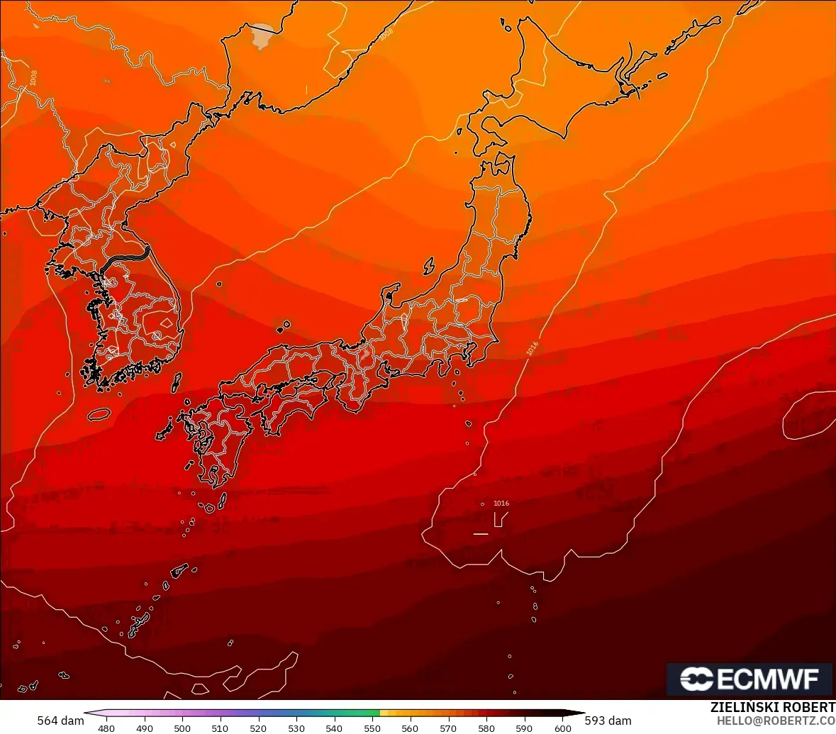 ECMWF IFS 0.25° modelo - Japón, Altura geopotencial a 500 hPa