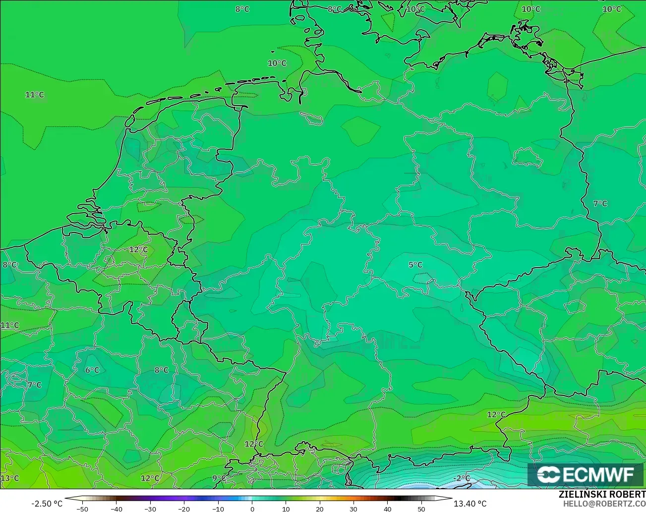 ECMWF IFS 0.25° modelo - Alemania, Punto de rocío a 2 m