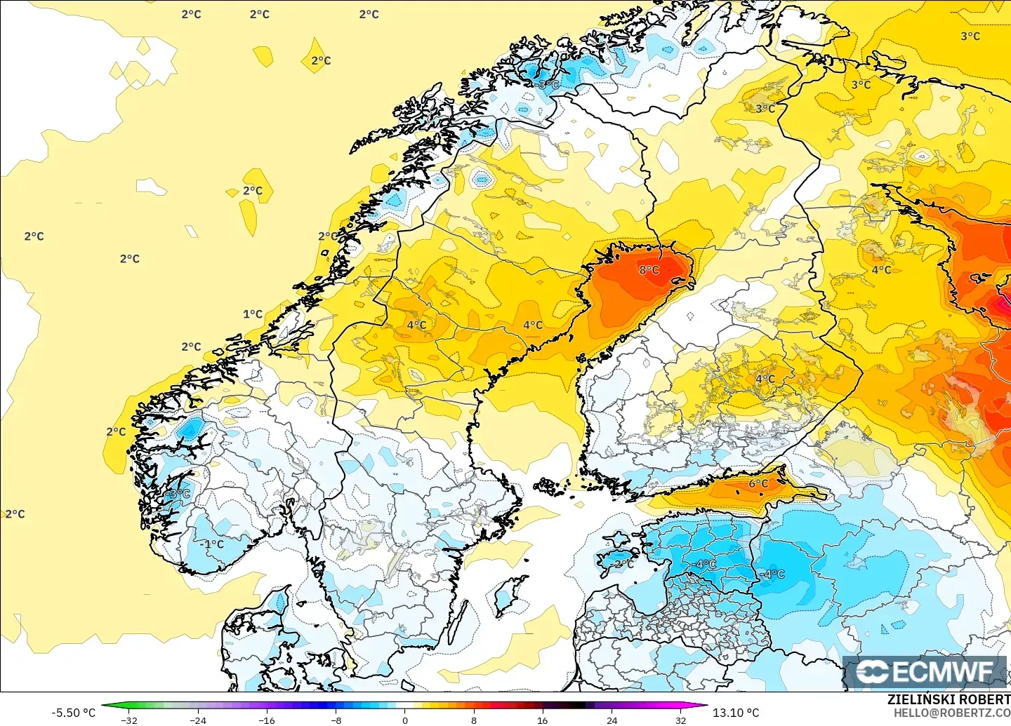 ECMWF IFS 0.25° modelo - Escandinavia, Anomalía de temperatura a 2 m