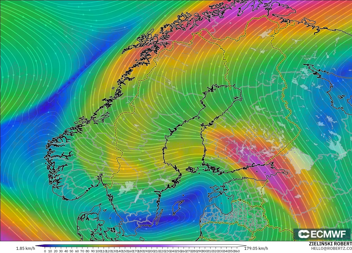 ECMWF IFS 0.25° modelo - Escandinavia, Viento a 300 hPa (corriente en chorro)