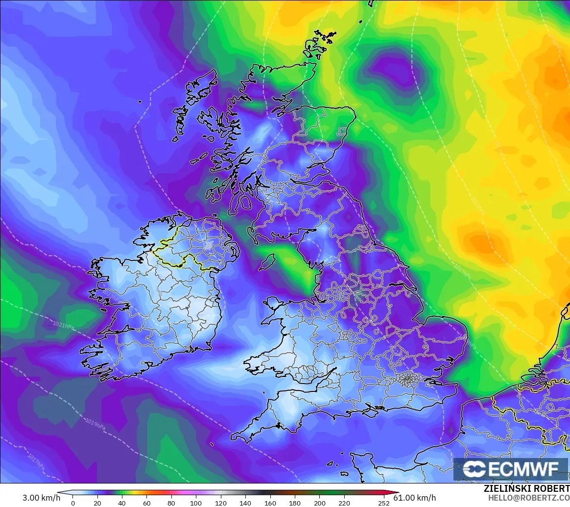ECMWF IFS 0.25° modelo - Reino Unido, Ráfagas de Viento Máximas