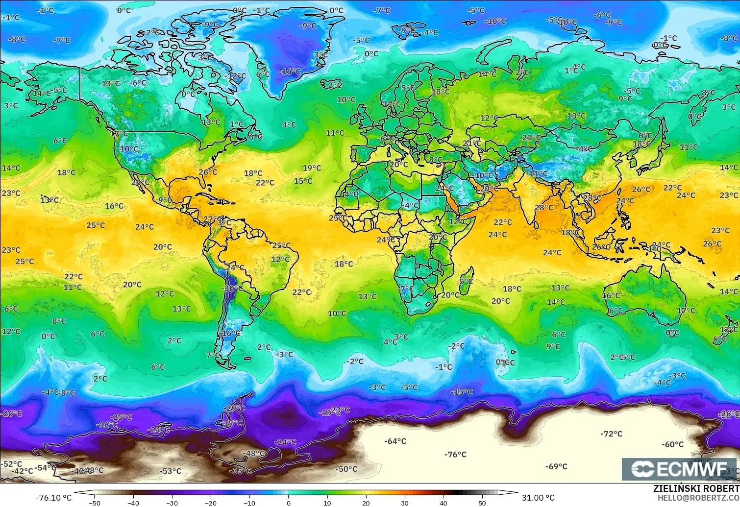 ECMWF IFS 0.25° modelo - Mundo, Punto de rocío a 2 m