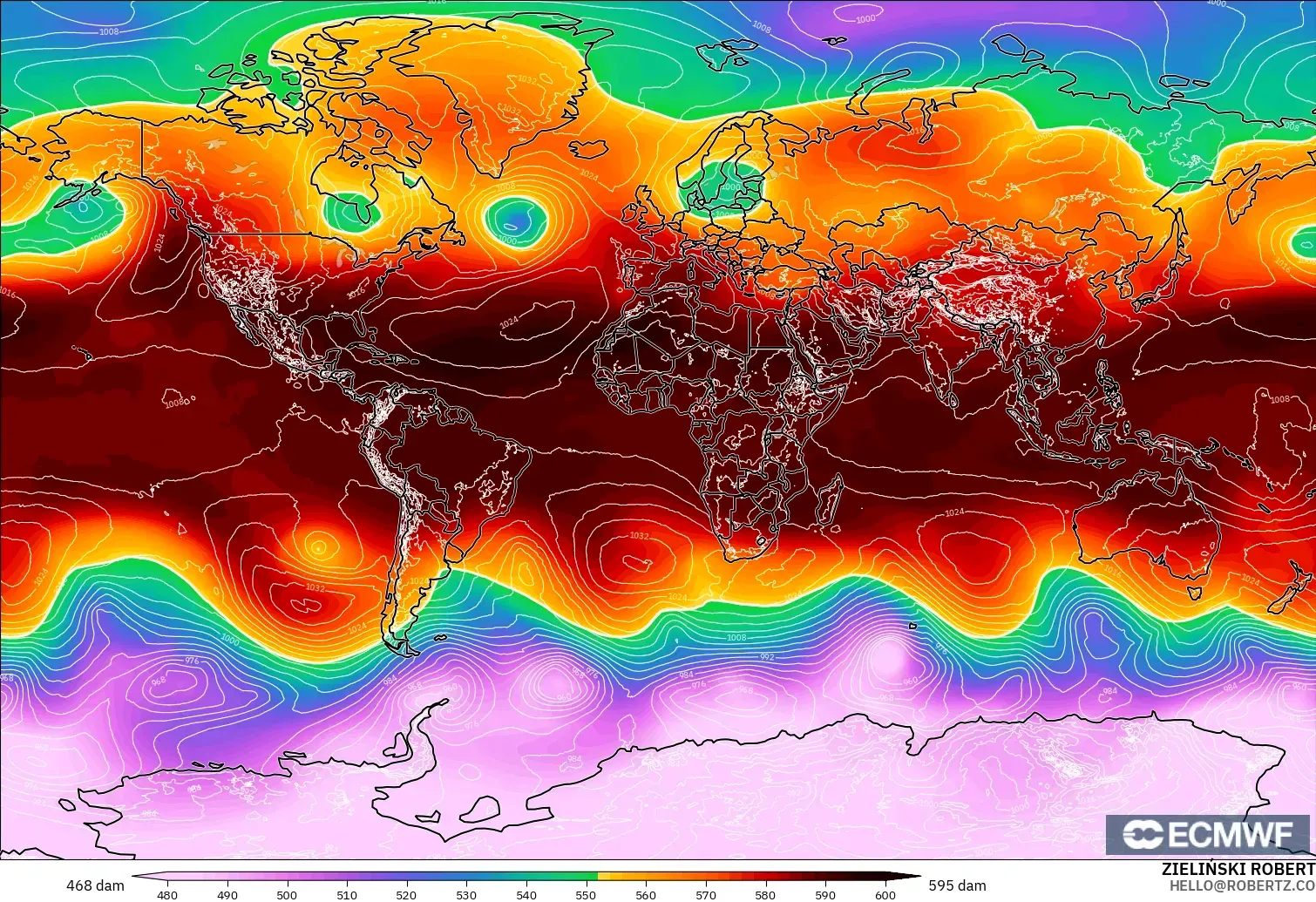ECMWF IFS 0.25° modelo - Mundo, Altura geopotencial a 500 hPa