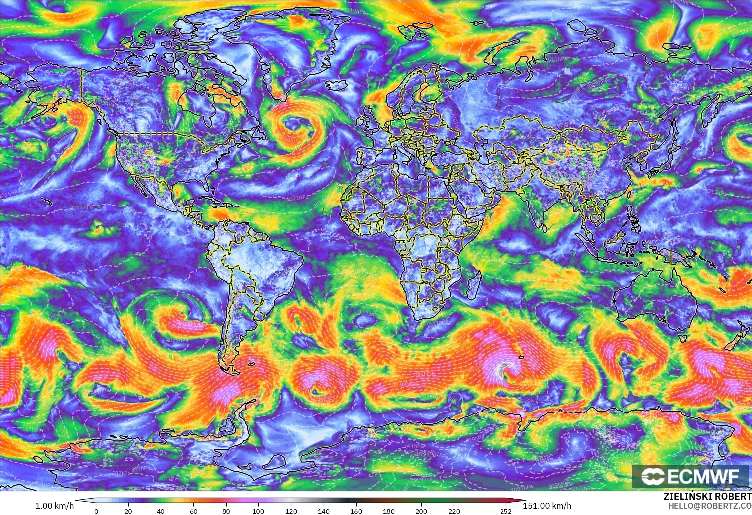 ECMWF IFS 0.25° modelo - Mundo, Ráfagas de Viento Máximas