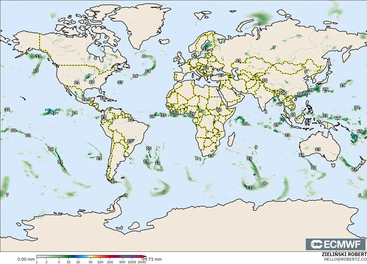 ECMWF IFS 0.25° modelo - Mundo, Acumulación de precipitación
