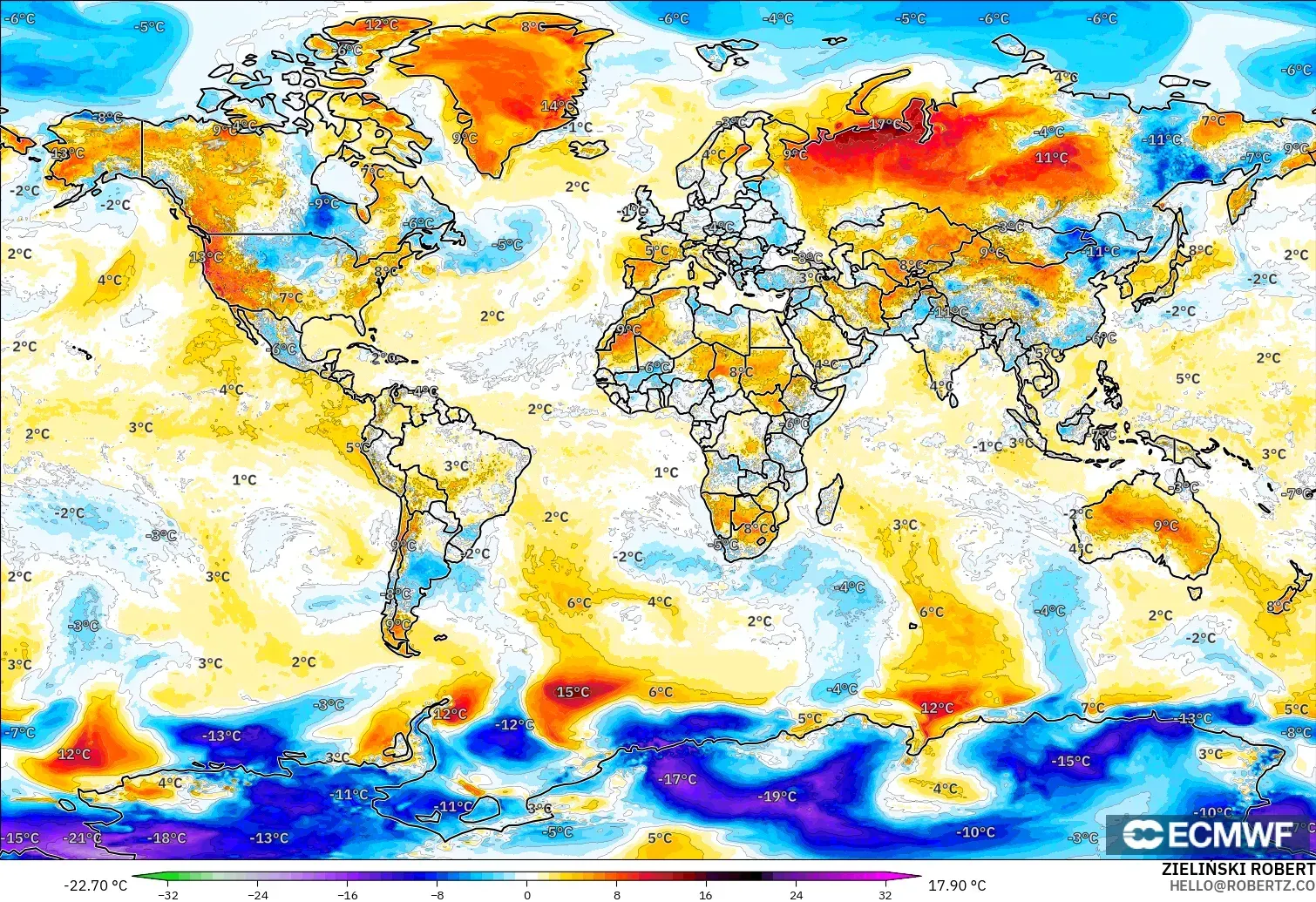 ECMWF IFS 0.25° modelo - Mundo, Anomalía de temperatura a 2 m