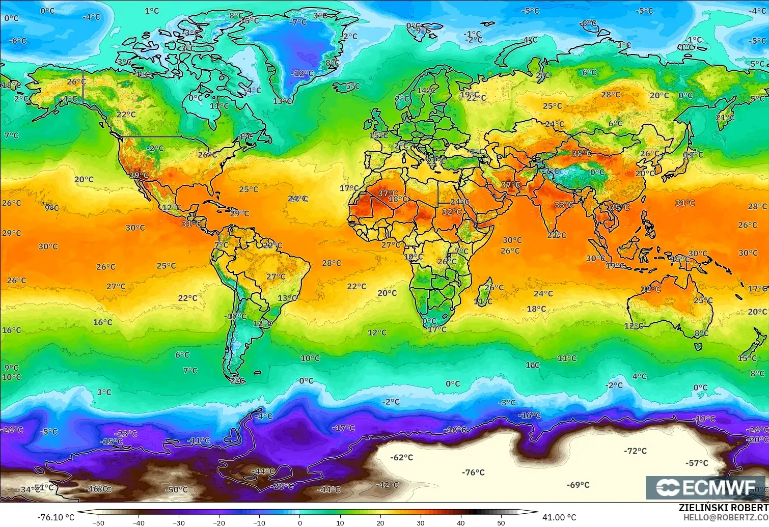 ECMWF IFS 0.25° modelo - Mundo, Temperatura a 2 m