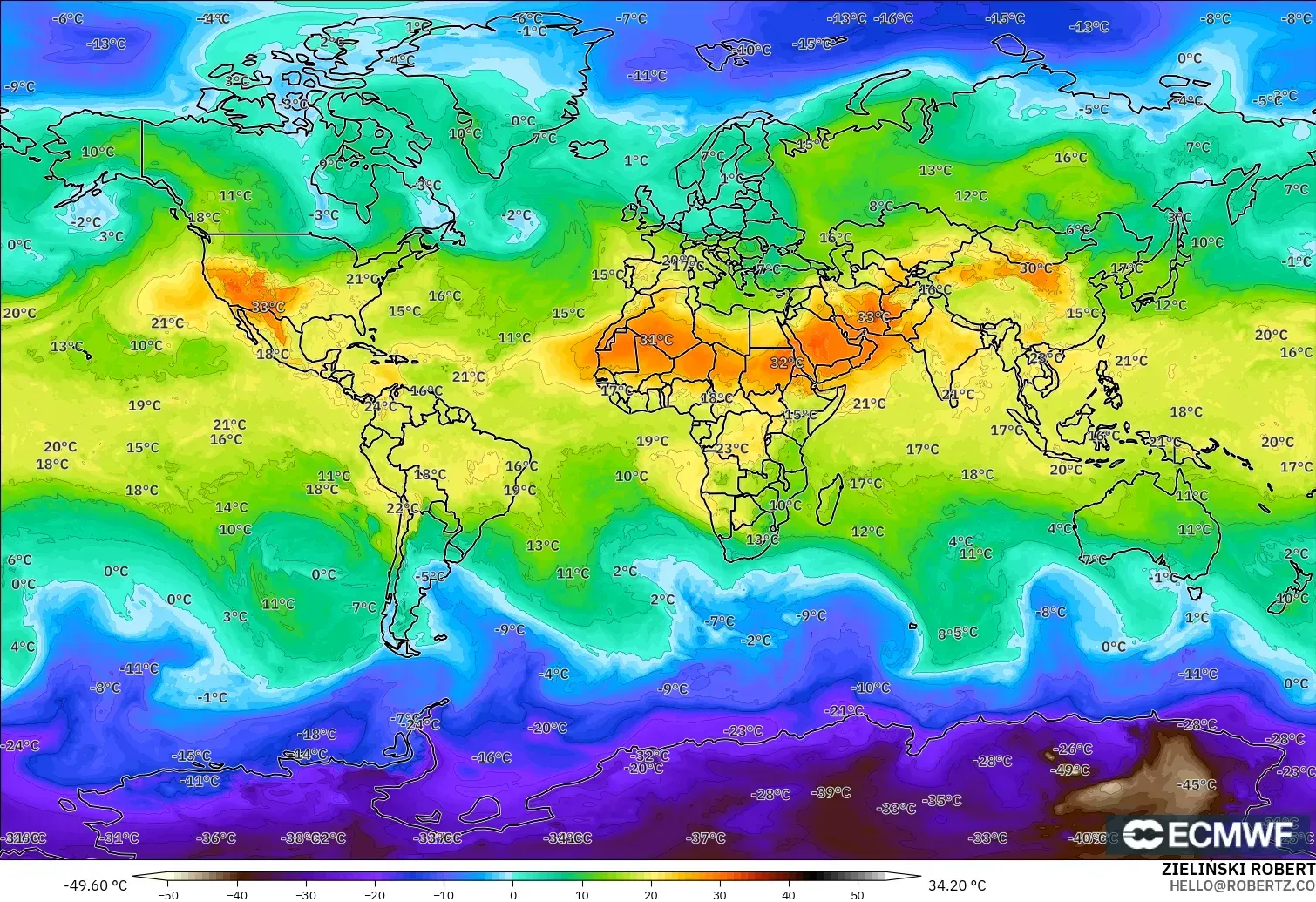 ECMWF IFS 0.25° modelo - Mundo, Temperatura a 850 hPa
