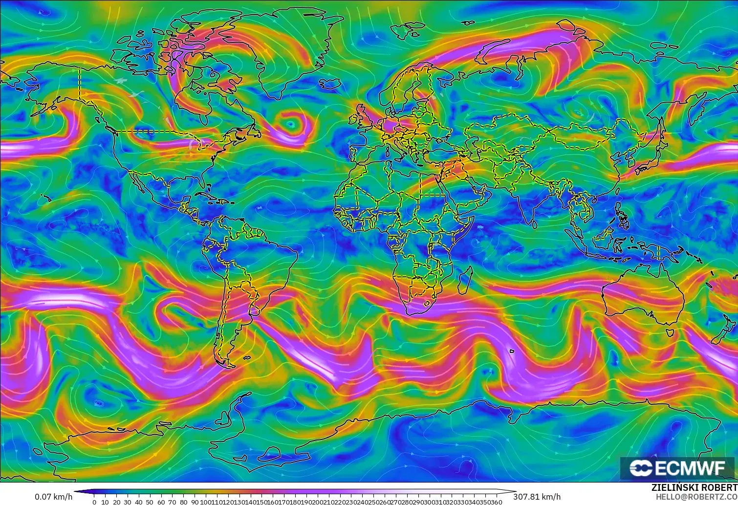 ECMWF IFS 0.25° modelo - Mundo, Viento a 300 hPa (corriente en chorro)
