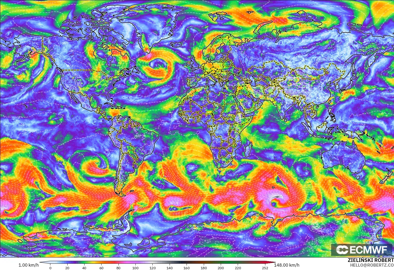 ECMWF IFS 0.25° modelo - Mundo, Ráfagas de viento
