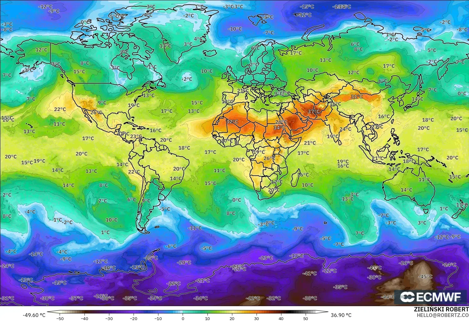 ECMWF IFS 0.25° modelo - Mundo, Temperatura a 850 hPa