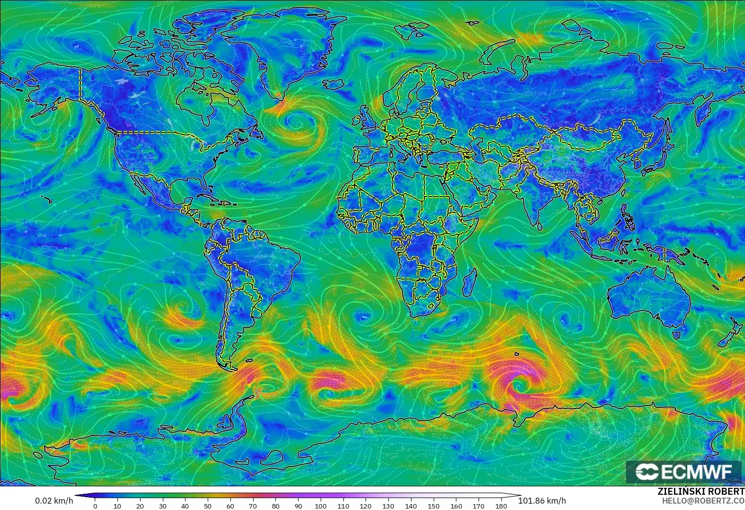 ECMWF IFS 0.25° modelo - Mundo, Viento a 10 m