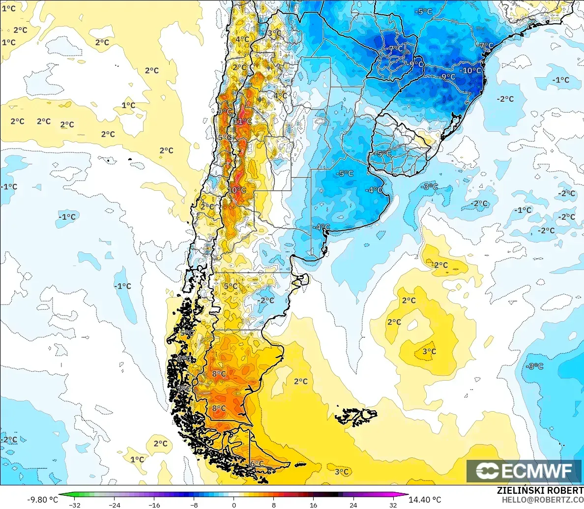 ECMWF IFS 0.25° modelo - Argentina, Anomalía de temperatura a 2 m