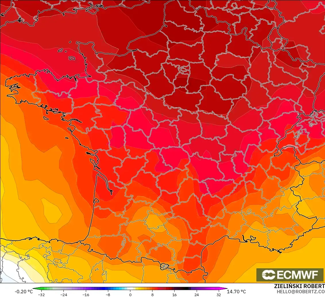 ECMWF IFS 0.25° modelo - Francia, Anomalía de temperatura a 850 hPa