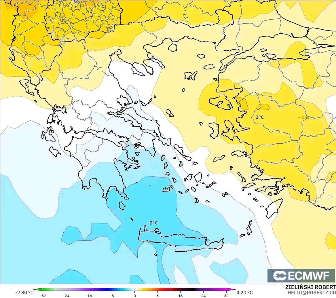 ECMWF IFS 0.25° modelo - Grecia, Anomalía de temperatura a 850 hPa