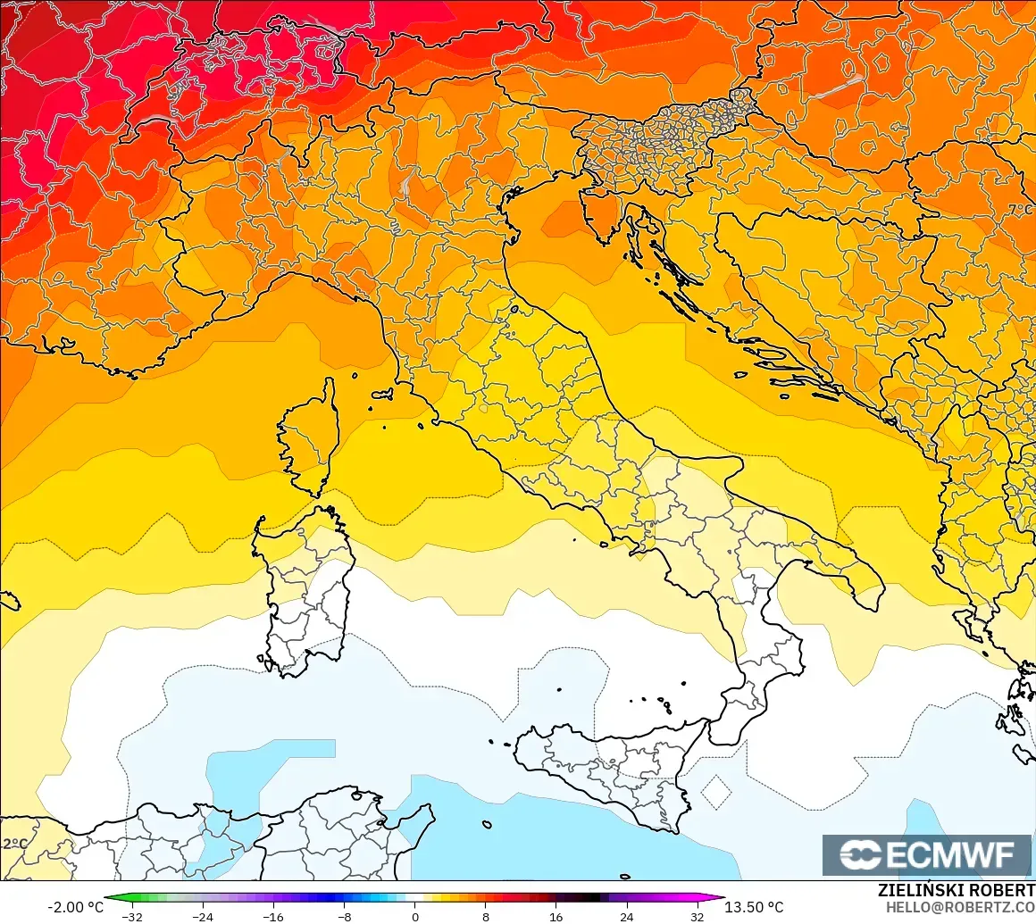 ECMWF IFS 0.25° modelo - Italia, Anomalía de temperatura a 850 hPa