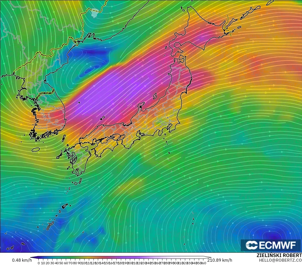 ECMWF IFS 0.25° modelo - Japón, Viento a 300 hPa (corriente en chorro)