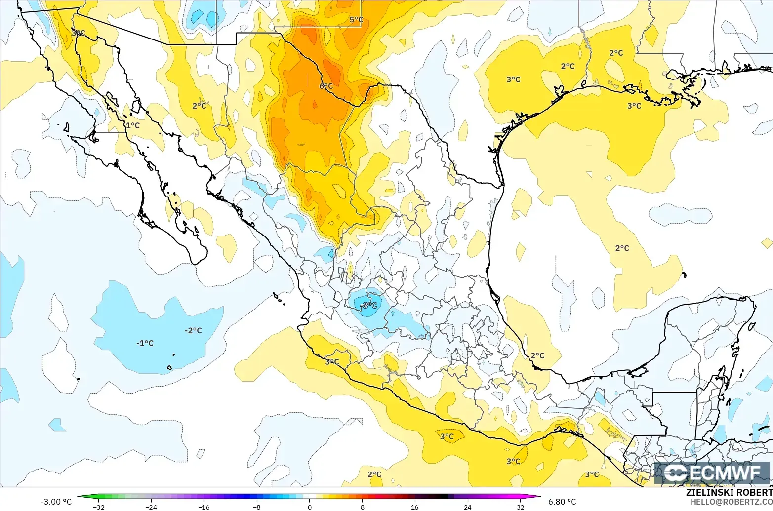 ECMWF IFS 0.25° modelo - México, Anomalía de temperatura a 850 hPa