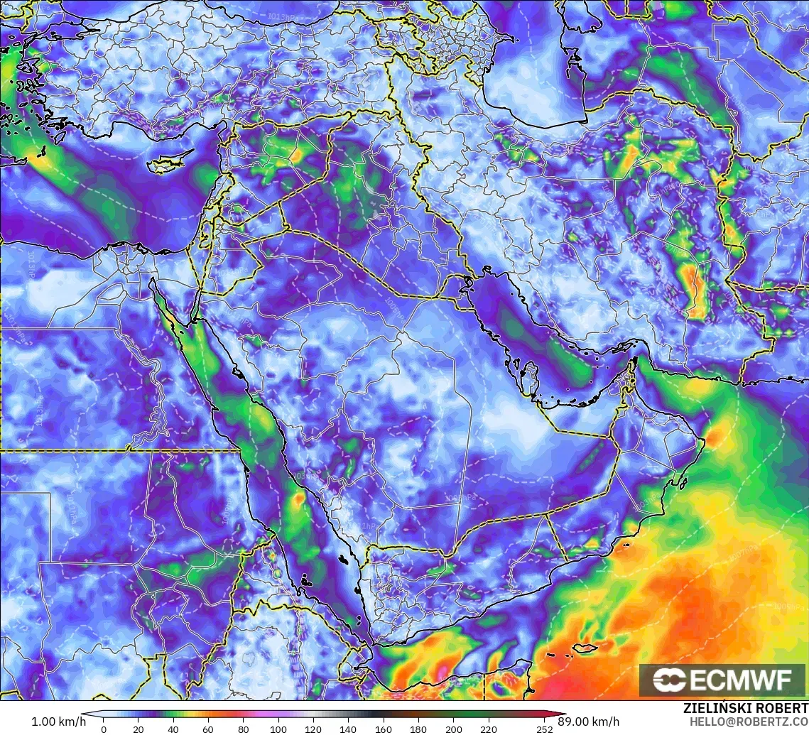 ECMWF IFS 0.25° modelo - Oriente Medio, Ráfagas de viento