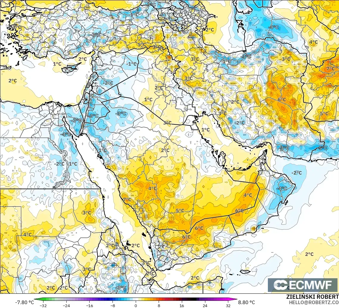 ECMWF IFS 0.25° modelo - Oriente Medio, Anomalía de temperatura a 2 m