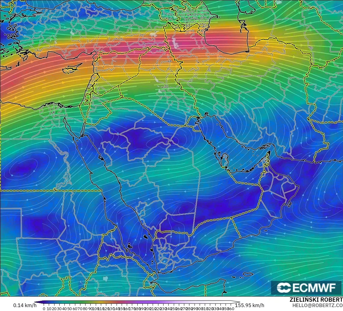 ECMWF IFS 0.25° modelo - Oriente Medio, Viento a 300 hPa (corriente en chorro)
