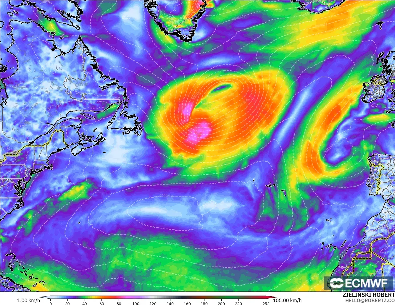 ECMWF IFS 0.25° modelo - Norte Atlántico, Ráfagas de viento
