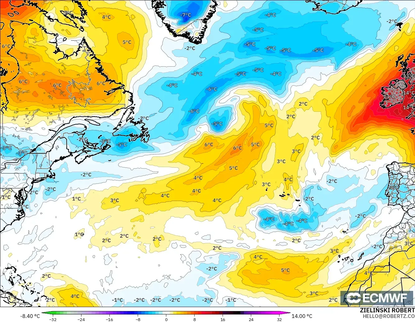 ECMWF IFS 0.25° modelo - Norte Atlántico, Anomalía de temperatura a 850 hPa