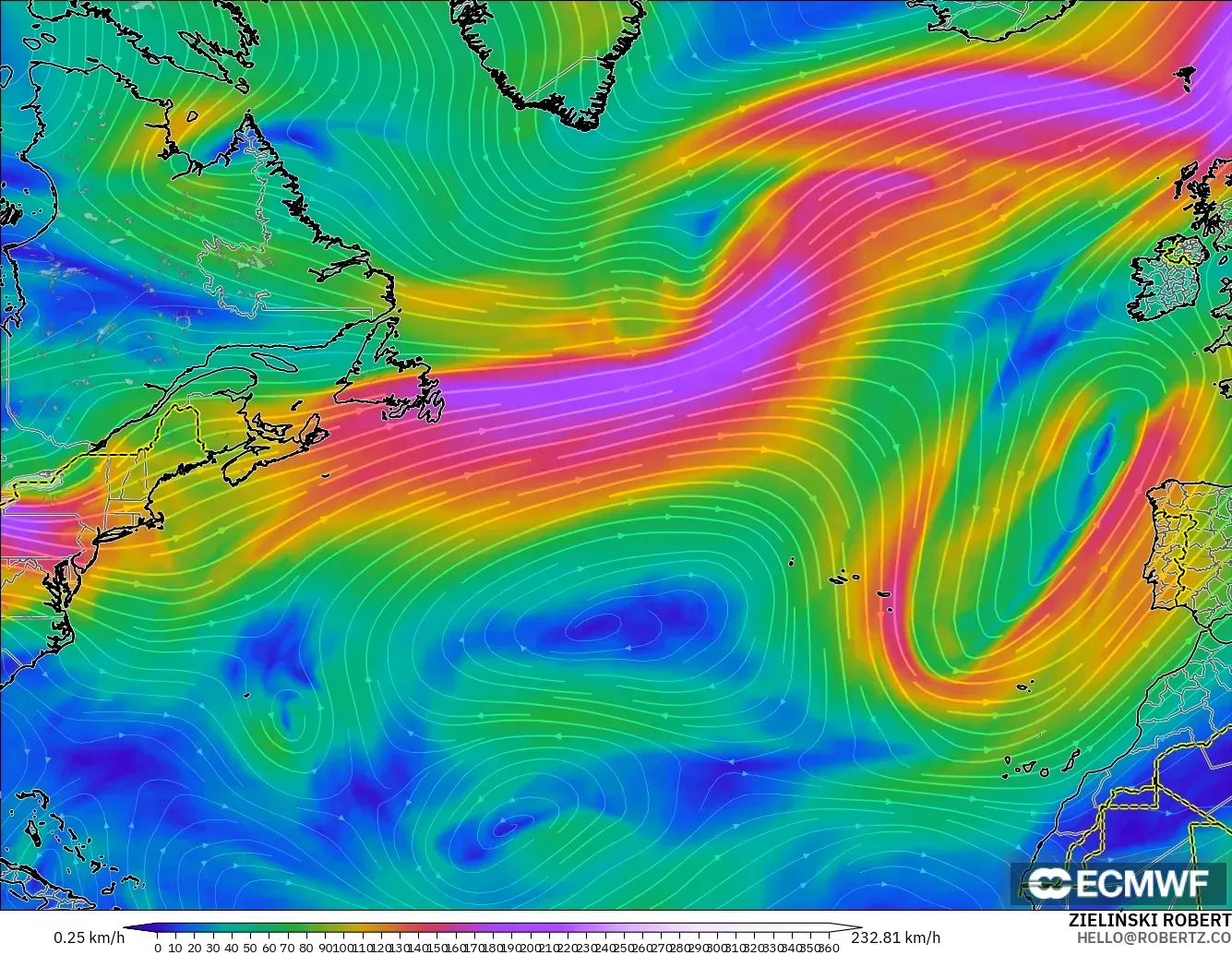 ECMWF IFS 0.25° modelo - Norte Atlántico, Viento a 300 hPa (corriente en chorro)
